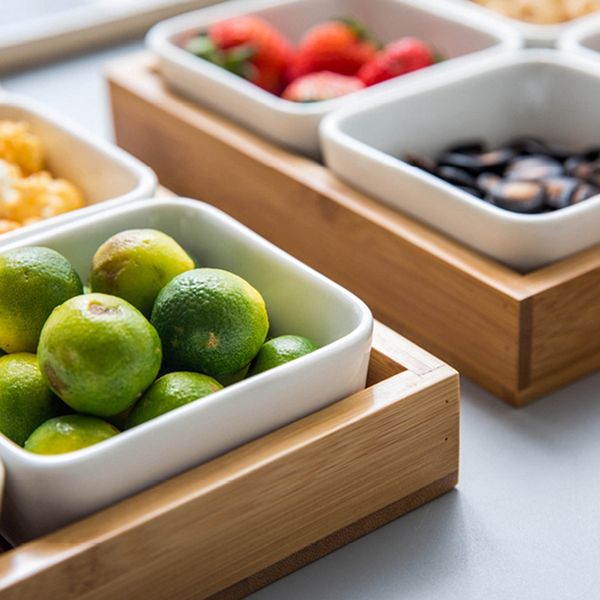 

ceramic snack plate set dessert plate dry fruit tray snack tray fruit plate square snack bowls with wooden pallets