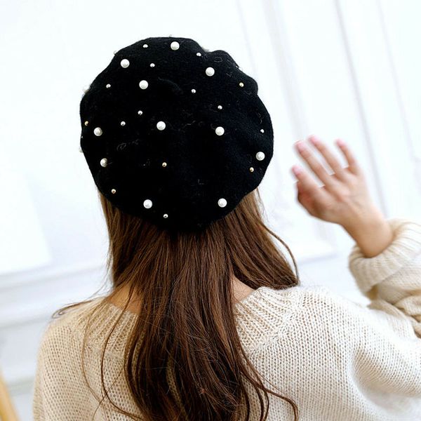 

vintage wool knittd women french pearl beret hats ski caps warm winter girl sweet painter beading hat beanie bonnet femme gorras, Blue;gray