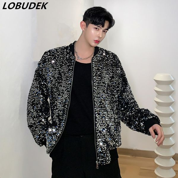

men silver black sequins jacket bright bead-flake round collar loose coat nightclub male singer hip hop rock dance stage costume, Black;brown