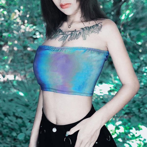 

colorful reflective backless lace up tube crop women party night club strapless camis top, White