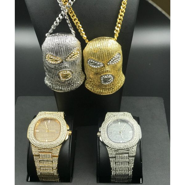 

luxury men gold hip hop watch diamond men pendant necklace combo set iced out watch & goon necklace cz bling rapper jewelry, Slivery;brown