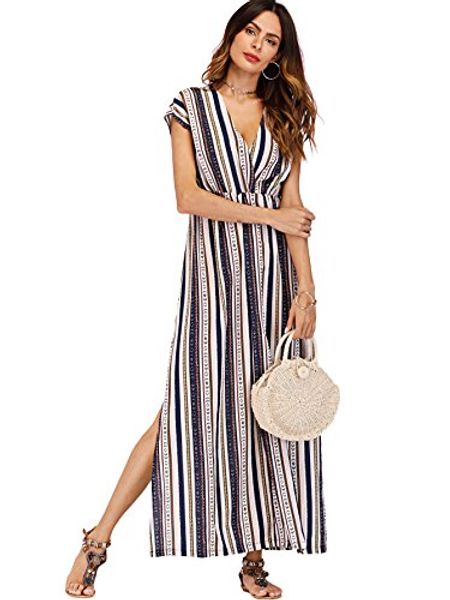 

milumia women's contrast striped split side maxi dress cap sleeve v neck a line summer dress, Black;gray