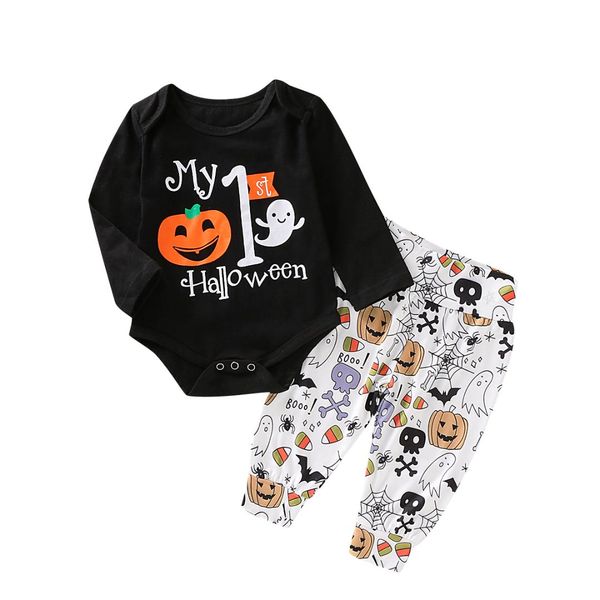 

newborn baby boy girl halloween clothes print pumpkin romper long pants baby first halloween day outfits fall clothes, White
