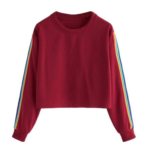 

women sweatshirt pullover fashion rainbow striped patchwork sweatshirts autumn long sleeve o-neck pullover crop female, Black