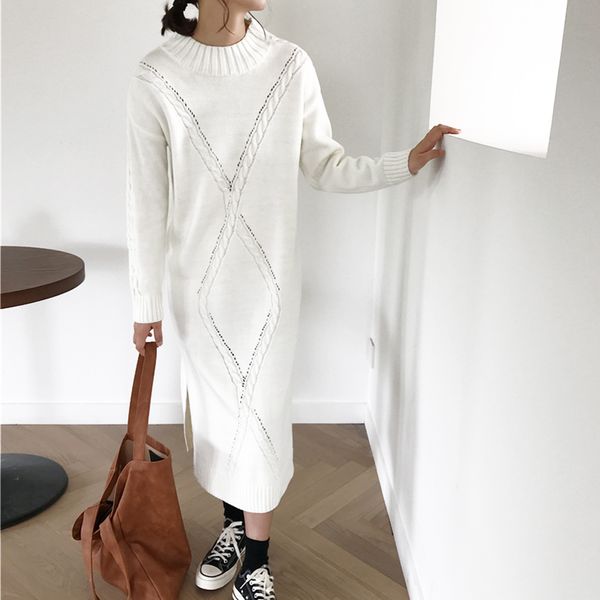 

long women sweater pullover autumn winter women black white sweater dress o neck long sleeve side split pullovers female, White;black