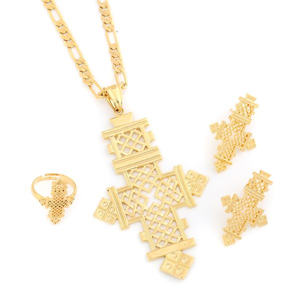 Новейшие Эфиопские Ювелирные Изделия Кулон Ожерелье Серьги Кольца Набор Золотой Цвет Коптские Кресты Африканский Крест Свадьба