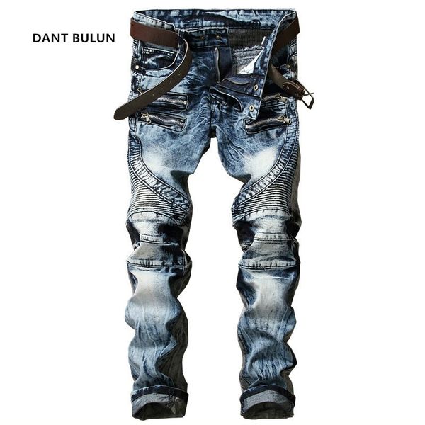 

new fashion men's biker jeans pants slim fit pleated motocycle denim trousers brand designer multi zippers straight moto pants, Blue