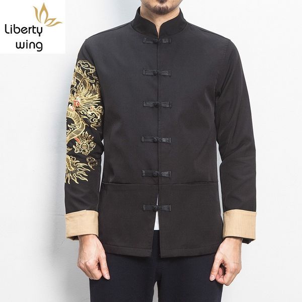 

chinese vintage mens buttons stand collar retro dragon embroidery slim fit coat plus size 5xl male jacket outerwear coats, Black;brown