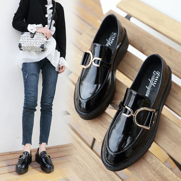 

women platform loafers patent leather wedge oxfords heightening shoes metal decoration slip on pump black casual zapatos mujer