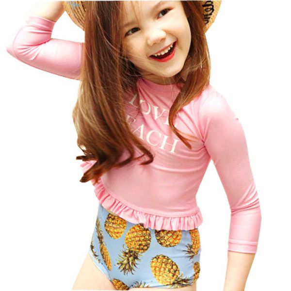 

gi forever girl two pieces suit with cap chlidren long sleeve swimsuit kid high waist pineapple print swimwear bathing suit
