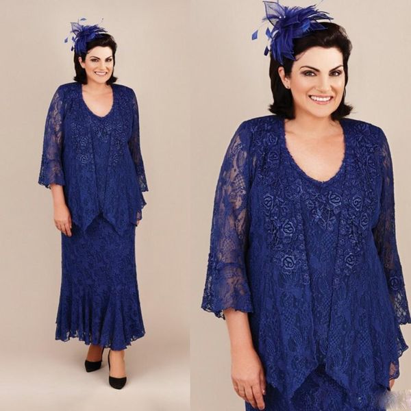 Plus Size Abito per la madre della sposa con giacca 3 pezzi Pizzo con scollo a V Manica lunga Royal Blue Weddng Guest Dress Abiti da sera