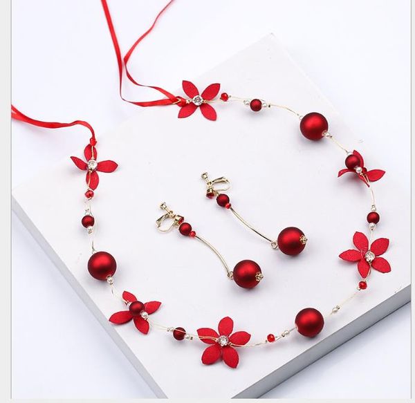 

red pearl flower hair with earrings set bride's wine dress headdress bride's jewelry hair band, Slivery;golden