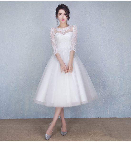 

vestido de festa beach midi wedding dresses with 3/4 long sleeves 2020 tea length bride dress, White