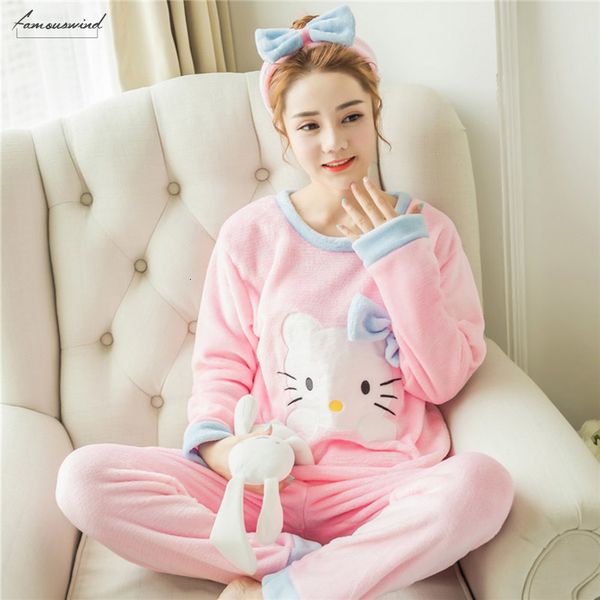 

suit women sets autumn and winter warm coral velvet pyjamas flannel long sleeve cartoon bear animal pants sleepwear, White