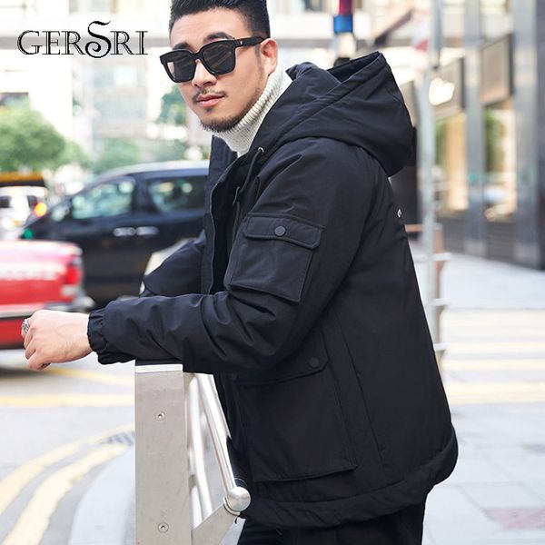 

gersri winter coat causal parkas men hat detachable warm spring jacket male cotton padded fashion jacket men clothing, Black