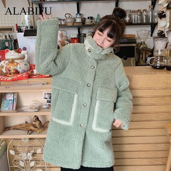 

alabifu autumn winter korean overcoat women 2019 fashion vintage pocket slim coats women collar overcoat teddy coat, Black