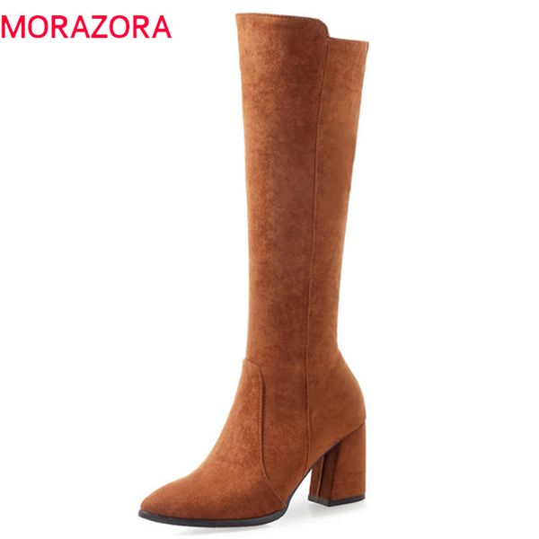 

morazora 2018 wholesale big size 33-47 knee high boots women pointed toe zip autumn winter booties high heels dress shoes woman, Black
