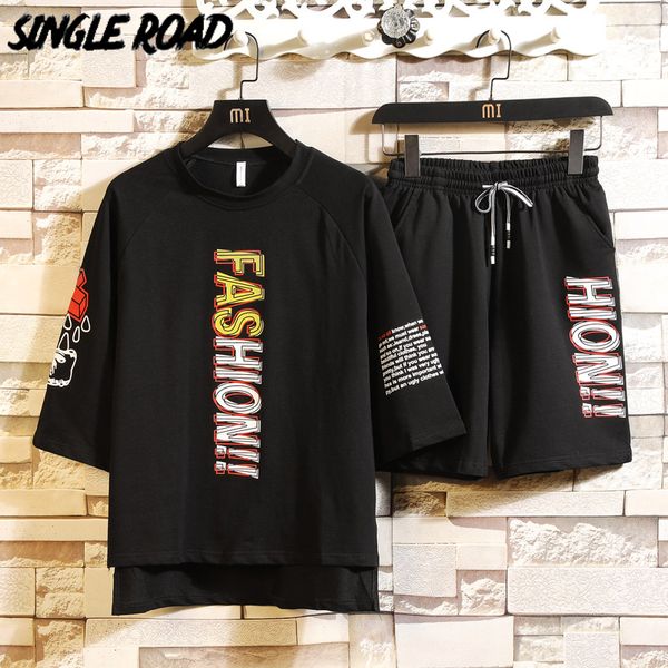 

singleroad men's japanese streetwear sets men 2020 summer t-shirt shorts men print hip hop punk tracksuit korean clothes male, Gray