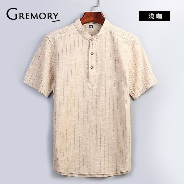 

2019 summer men's short sleeved shirts breathes cool linen three quarter mandarin collar shirts solid hawaiian shirt sa-8, White;black