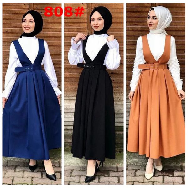

wepbel arab muslim skirts plus size middle east turkish waistband strap skirt high waist solid big swing muslim skirt with belt, Black