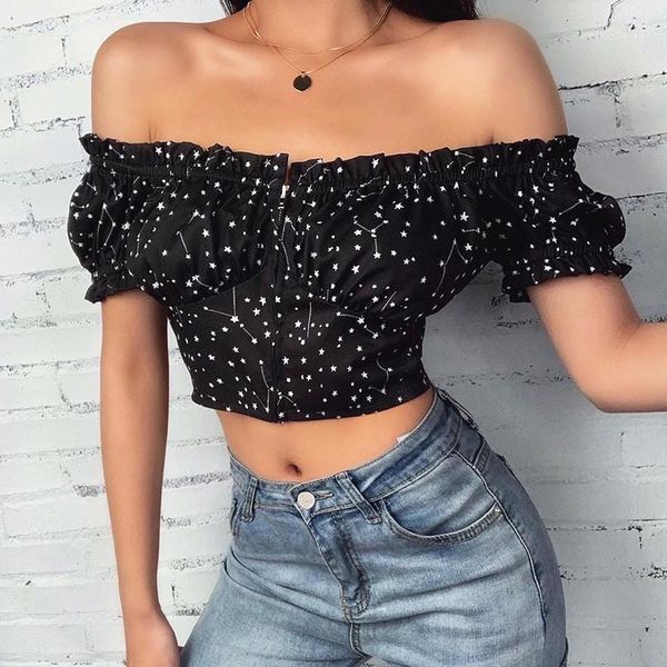 

color casual slash neck womens clothes start print designer womens tshirts puff sleeve fashion crop zipper natural, White
