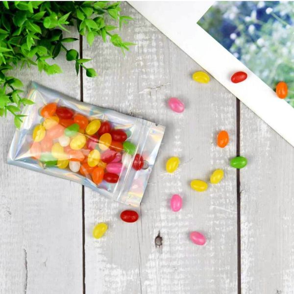 

holographic color multiple size smell proof bags 100 pieces resealable mylar bags clear zip lock food candy storage packing bags d0501