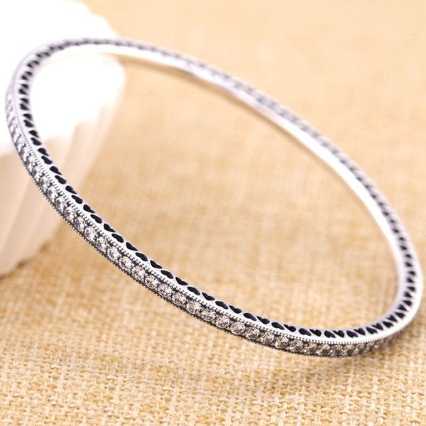 

925 sterling silver bangle pave twinkling forever & love heart with crystal bracelet bangle fit bead charm diy fine jewelry, White