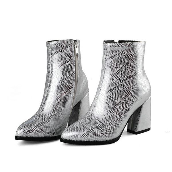 

2019 fashion women boots snake print square high heels ankle boots pointed toe zipper autumn winter shoes ladies, Black
