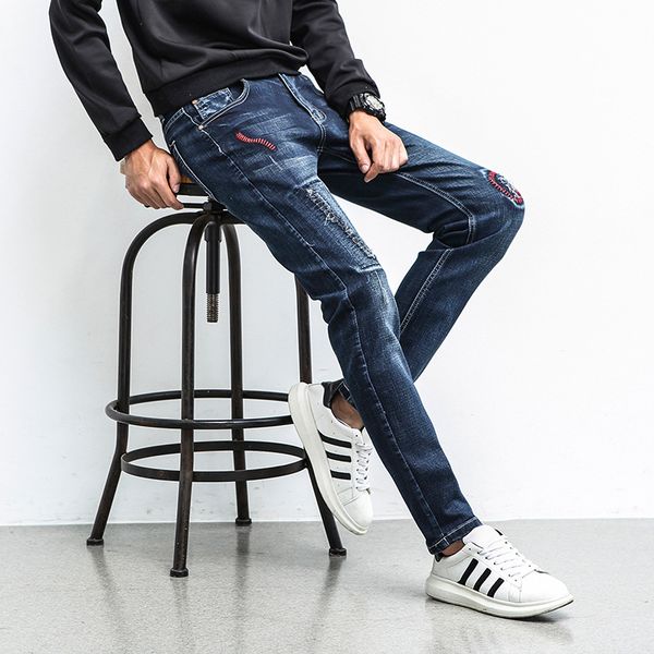 

2019 new ripped jeans men patchwork printed male destoryed fashion streetwear hiphop demin pants male denim pants, Blue