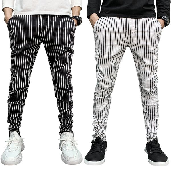 

fashion 2019 new black white straight striped men pencil pants slim fit medium low waist mens pants sweatpants hip hop trousers