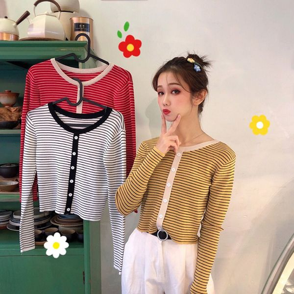 

autumn and winter contrast color o-neck striped short-sleeved sweater slim button-knit top, White;black