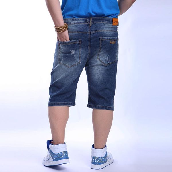 

16701 large size shorts men's elastic denim shorts summer loose slimming trend with holes fat capri pants 32-48, Blue