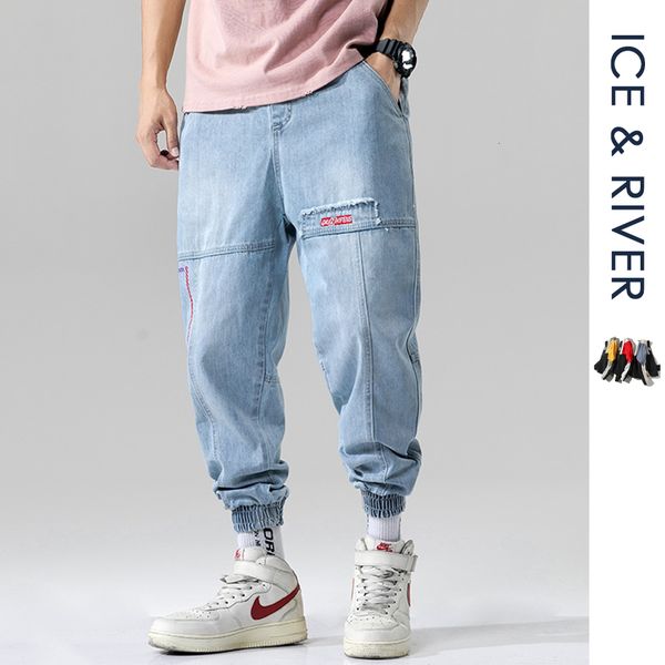 

men autumn styles hip hop stretchy biker embroidery pockets jeans men destroyed hole loose fit denim scratched jean pants, Blue