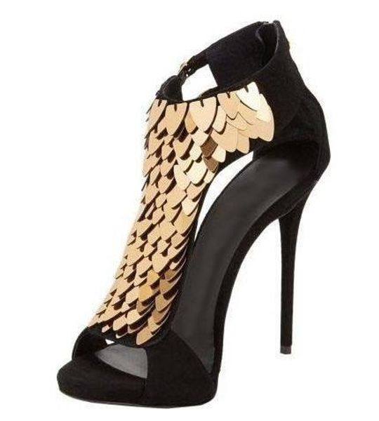 

peep toe gold sequin-embellished black red flock leather women sandals summer back zipper hollow out high heel shoes