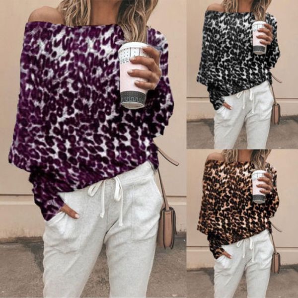 

новая повседневная сыпучая тенниска женщины леопардовый с длинным рукавом с плечом хлопка рубашка леди мода осень одежда, White