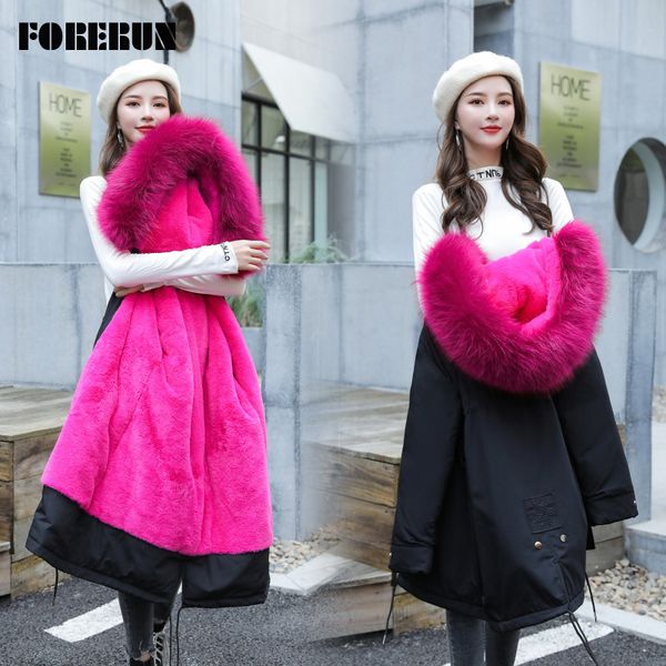 

forerun winter long coat women big fur hooded jacket plus size 6xl jackets fleece cotton padded warm parkas mujer -30 centigrade, Black