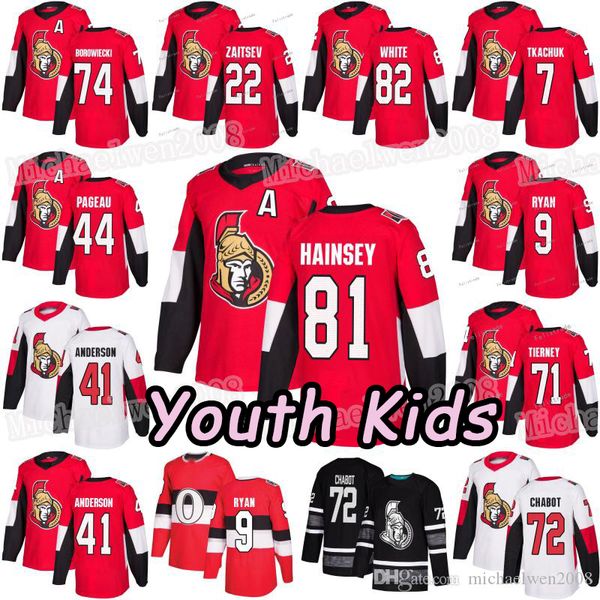 

youth ottawa senators thomas chabot chris tierney brady tkachuk bobby ryan colin white ron hainsey jean-gabriel pageau borowiecki jersey, Black;red