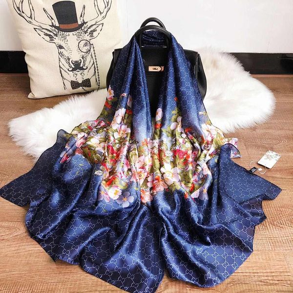 

fashionble designer silk scarf women luxury floral shawl scarf autumn long neck ring size 180x90cm with gift box optional, Blue;gray