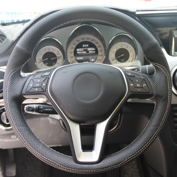 

diy hand sewing black genuine leather black suede car steering wheel cover for mercedes-benz b180 2012
