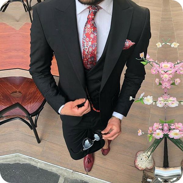 

custom made black men suits for wedding groom tuxedos 3piece big peaked lapel slim fit groomsmen blazer man jacket vintage costume homme, Black;gray