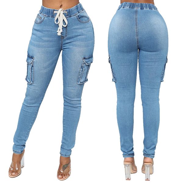 

gryffon casual jogger pants elastic skinny pencil jeans for women leggings jeans high waist women's denim drawstring pants, Blue