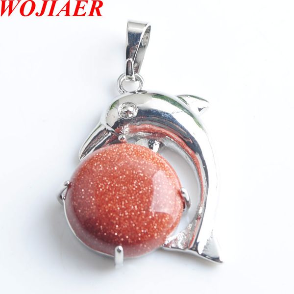 

wojiaer the dolphins natural golden sand stone cabochon beads charm pendants & necklaces cute animal jewelry dn8057, Silver