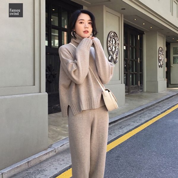 

spring autumn knitted tracksuit turtleneck sweatshirts suit clothing 2 piece knit pant set female pants suit d226, White