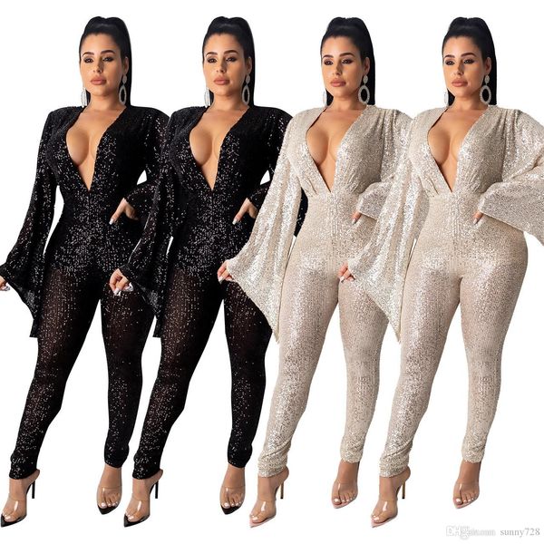 

shinning sequins women jumpsuits with wide long sleeves real samples deep v neck skinny pants rompers party nightclub wear newest, Black;white