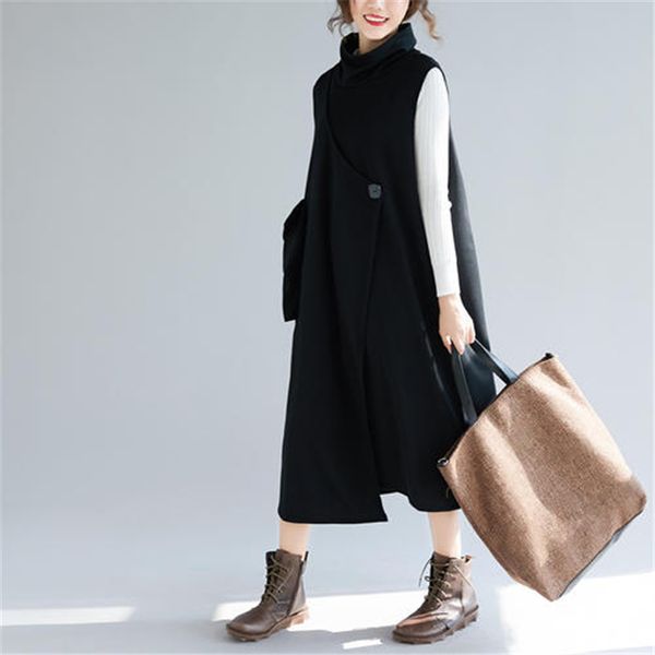 

plus size women long dresses autumn winter lady elegant vestidos sleeveless loose casual turtleneck female black big size dress, Black;gray