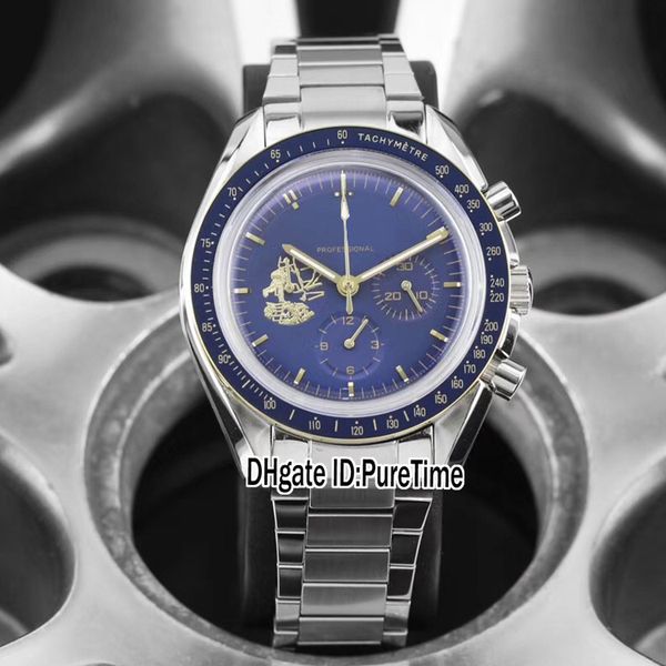 

new apollo 11 50th anniversary 310.20.42.50.01.001 vk quartz chronograph mens watch blue dial gold stainless steel bracelet satch e02b2, Slivery;brown