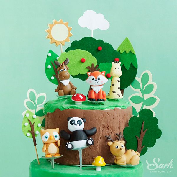 

panda fox sika deer торт топпер войлок деревья гриб с днем ​​рождения украшения для свадебных kid хлебопекарной партии supplies сладких пода