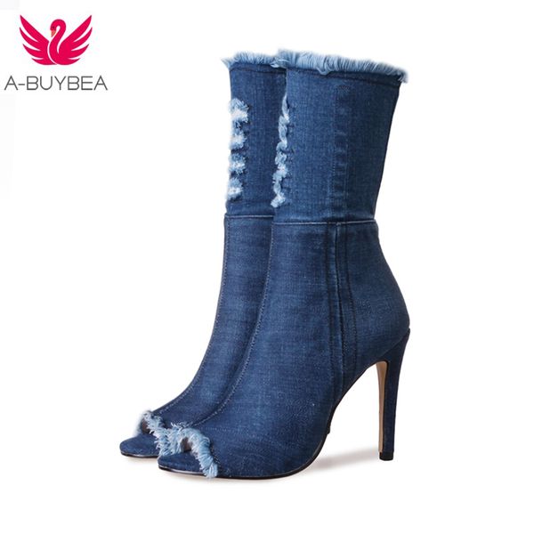 

blue jeans boots new summer shoes ankle boots for women blue denim high heels peep-toe woman stiletto, Black