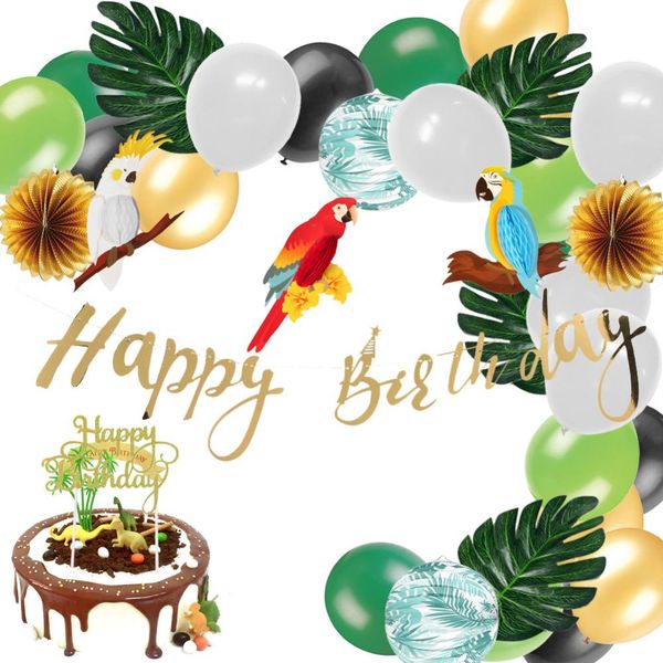 Decoração Jungle Party Set Honeycomb Parrot feliz aniversário bandeira bolo Topper folhas de palmeira Paper Lantern Balões Safari Duche