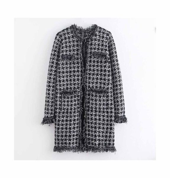 

office lady plaid woman long woolen coat 2019 spring-autumn new fashion black straight female coat elegant loose tassel